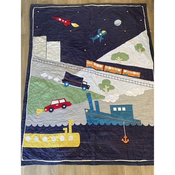 Pottery Barn Kids Brody Transportation Quilt‎ Sham Set Twin Euro PBK Things Go - Picture 1 of 5
